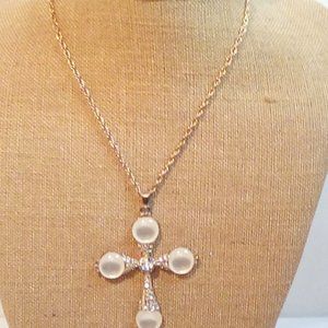 Vintage Cross pendant Necklace with faux Milk Stone